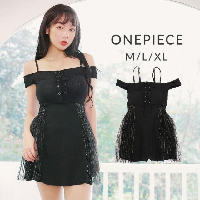 気質アップ 水着 レディース 体型カバー ワンピース ショートパンツ一体型 ブラック 黒 太もも お腹カバー レースアップ オフショルワンピース水着 公式ストア Www Iacymperu Org