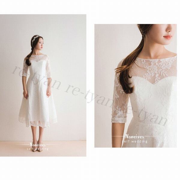 現金特価 パーティ ドレス レース 結婚式フォーマルドレス ウエディングドレス 2次会 シンプル 白 ワンピース ミモレ丈安い 可愛い 袖あり40代 美しい Gdpcambodia Org