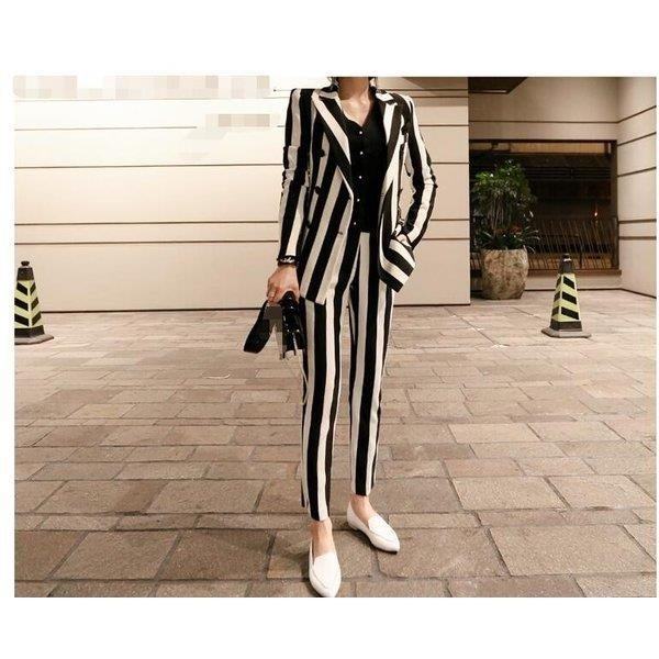 正規販売店 ストライプ柄 お洒落 ボタン Chic 着痩せ パンツスーツ フォーマル Ol 通勤 春秋冬 2点セット 長袖ジャケット スキニーパンツ レディース 正規品 Centrodeladultomayor Com Uy