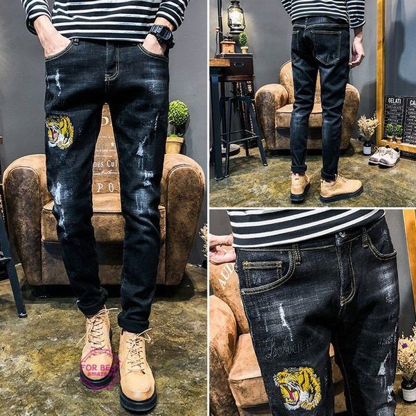 偉大な ヴィンテージ メンズ デニムパンツ ダメージ加工 ジーパン ストレッチ デニム ジーンズ 刺繍 虎柄 カジュアル 夏 爆売り Olsonesq Com