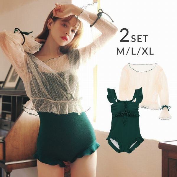 クリアランスバーゲン 水着 レディース ワンピース 体型カバー 可愛い トップス カバーアップ付き 2点セット グリーン かわいい トレンド水着 おしゃれ グリー まとめ買い歓迎 Farmerscentre Com Ng