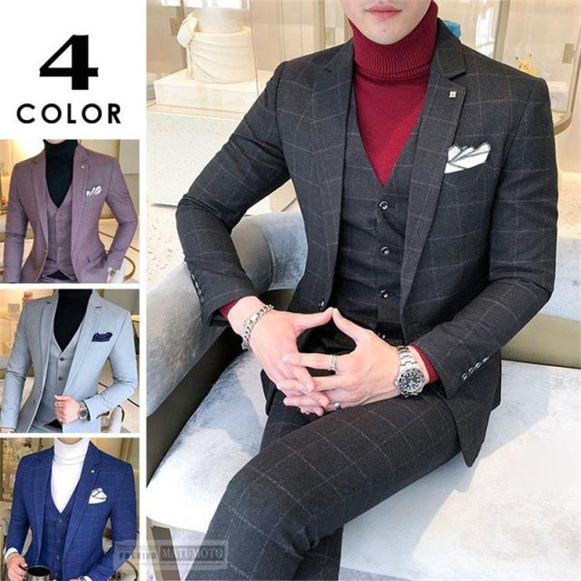 新品 三太郎の日 スリーピーススーツ チェック柄 メンズ スーツ ビジネススーツ フォーマルスーツ スリムスーツ 卒業式 紳士服 通勤 結婚式 ブランドショッパー付き Embol Com