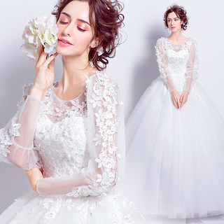 ブランドおしゃれ ウェディングドレス Aライン 長袖 ボタニカルレース パフスリーブ Kc0543 爆安セール