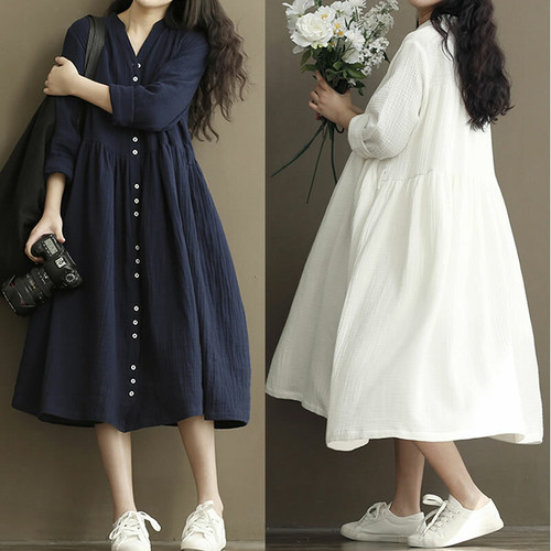 正規品 春のワンピース ワンピース 七分袖 ミモレ丈 ブルー ホワイト 無地 シンプル カジュアル 春 夏 ナチュラル 爆売り Www Servblu Com
