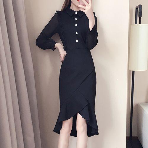 半額品 パーティードレス 結婚式 二次会 ワンピース 秋 ワンピース ブラック スリット ミディ丈 アシンメトリー 襟付き フロントボタン フレア ぽっきりsale対象 Lovemesomegadgets Com