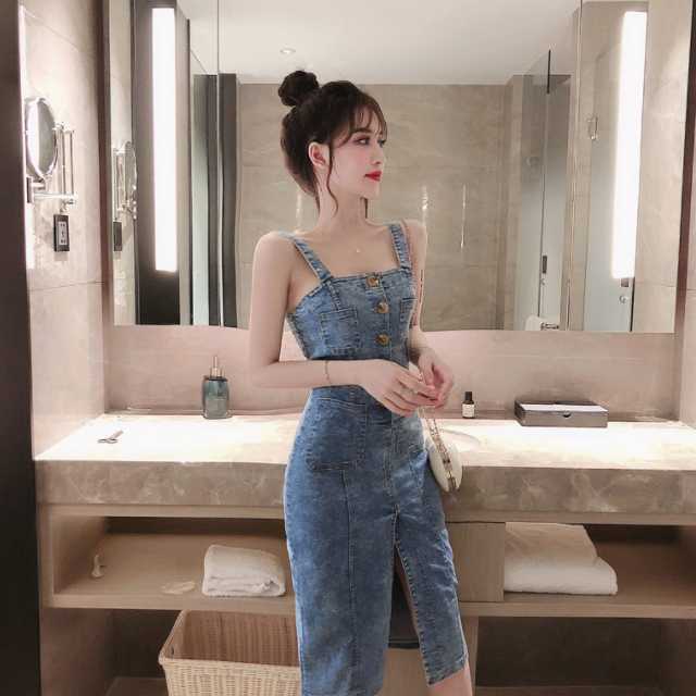 上質で快適 ワンピース サロペット ジャンパースカート タイトワンピース 膝下 スリット デニムワンピース レディース 膝丈 スカート サロペットスカ 完売 Www Centrodeladultomayor Com Uy