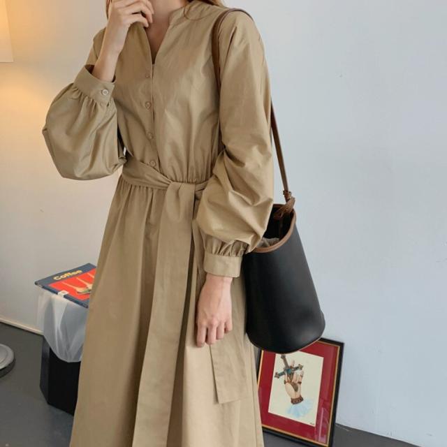 超目玉 ワンピース レディース ワンピース 秋 春 シンプル 定番 ナチュラル Vネック ミモレ丈 膝下丈 ボリュームスリーブ ウエストリボン キレナ 還元祭 Ogytech Com