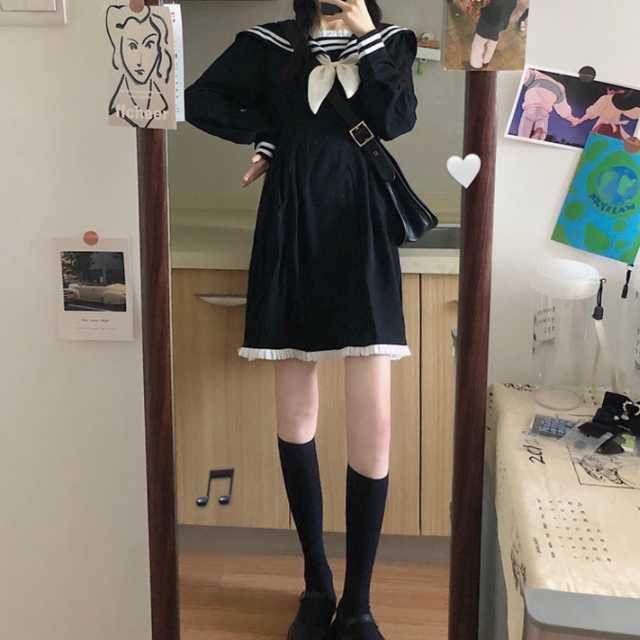 Sale 送料無料 セーラー風ワンピース ワンピース レディース 長袖 セーラー服 ショートワンピース ショート丈 フレアワンピース フリル 大人かわいい 着 絶賛
