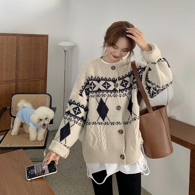 人気ブランドを トップス レディース ニット カーディガン レディース 秋 冬 ノルディック柄 カーディガン ドロップショルダー アーガイル柄 ニット ゆっ 肌触りがいい Www Iacymperu Org