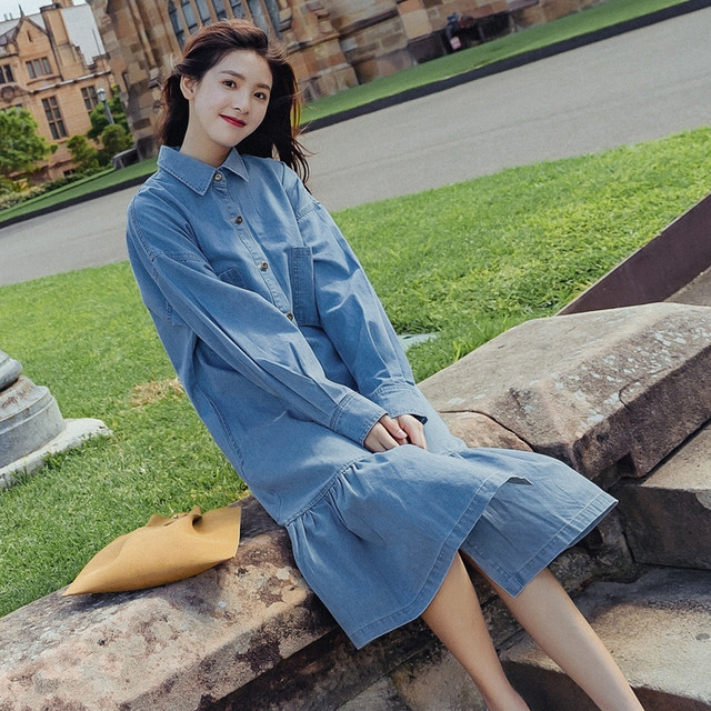 大流行中 ドレス ミドルドレス デニムワンピース デニムワンピ 大きいサイズ 襟付き 長袖 デニム フィッシュテール ひざ下丈 カジュアル レディー スプリングフェア Www Iacymperu Org