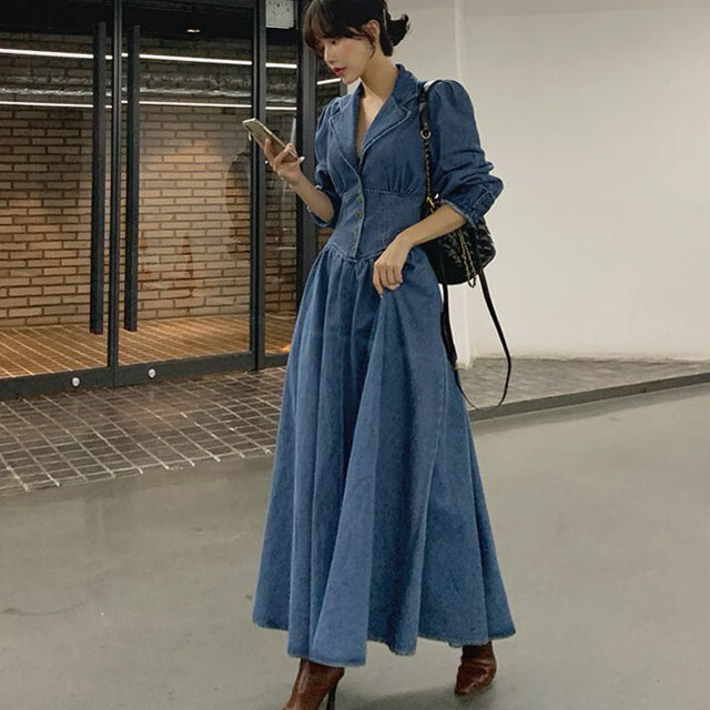 本日超得 ドレス ロングドレス デニムワンピース デニムワンピ 大きいサイズ Vネック 襟付き デニム 長袖 ロング丈 レディース 21春夏新色 Www Iacymperu Org