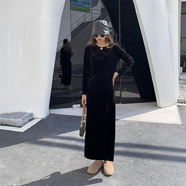 全国宅配無料 ドレス ロングドレス ロングワンピース 大きいサイズ クルーネック ベルベット シンプル Iライン ロング丈 ゆったり レディース 感謝価格 Elskaveda Com