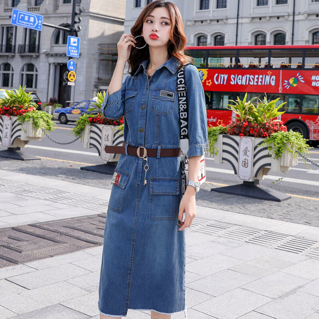 春バーゲン 特別送料無料 ワンピース シャツワンピース デニムワンピース 大きいサイズ ワンピ デニム レギュラーカラー 七部袖 ひざ下丈 カジュアル ワンピ レデ 21超人気 Carlavista Com