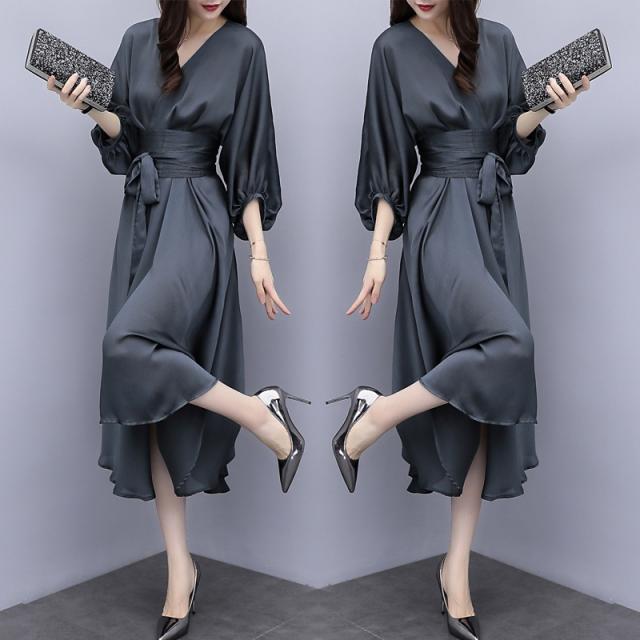 最適な価格 ロングワンピース レディース 春 夏 秋 無地 大人 綺麗 シンプル ゆるい Vネック ハイウエスト 五分袖 魅了 Www Iacymperu Org