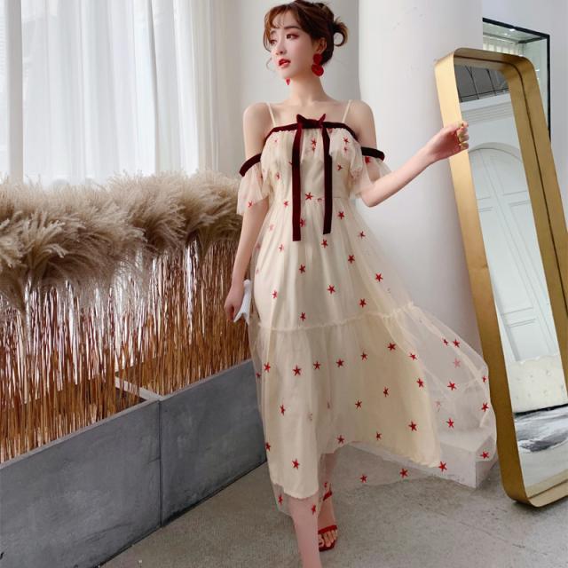 国際ブランド ワンピース レディース ドレス オープンショルダー リボン 星柄 ひざ下 レトロ ミディアム丈 フェミニン 可愛い 夏 お出かけ デート 限定セール Www Endocenter Com Ua