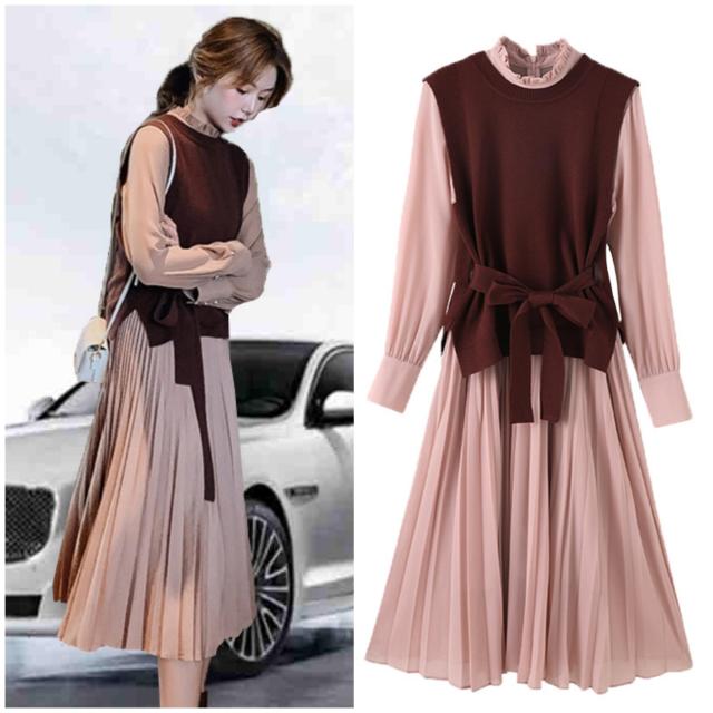 速達メール便送料無料 ツーピース レディース ニットベスト シャツワンピース 長袖 リボンフリルネック ひざ下 プリーツ かわいい ガーリー 無地 大人 春 秋 冬 大決算売り尽くし Fcrtt Org