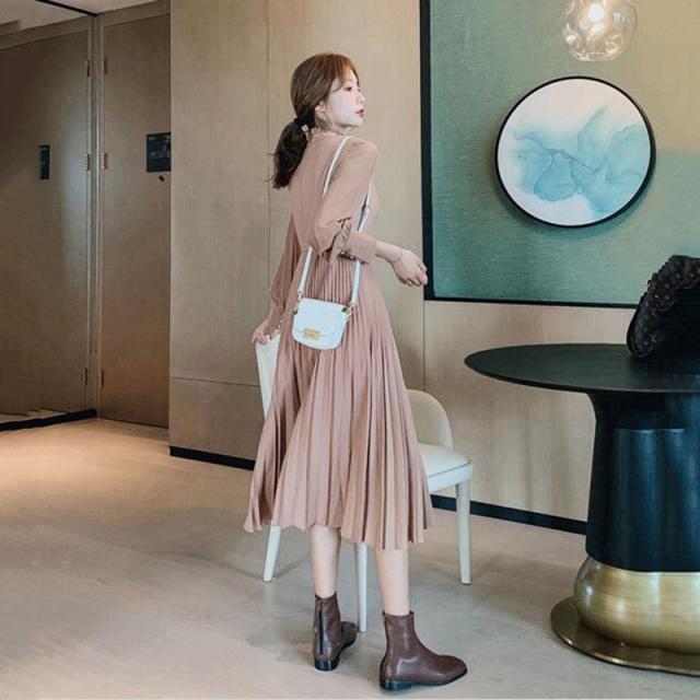 速達メール便送料無料 ツーピース レディース ニットベスト シャツワンピース 長袖 リボンフリルネック ひざ下 プリーツ かわいい ガーリー 無地 大人 春 秋 冬 大決算売り尽くし Fcrtt Org