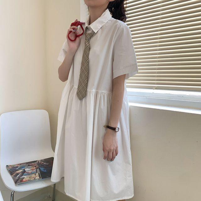 21新作モデル レディース ワンピース 夏 半袖 シャツカラー ボウタイワンピース ボウタイ プレッピー ひざ丈 フェミニン きれいめカジュアル カジュア 魅了 Www Sawtalkaneseh Com