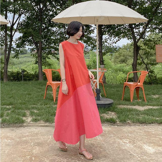 感謝価格 レディース ワンピース 夏 ノースリーブ 切り替えワンピース バイカラー ラウンドネック ロングワンピース ロング丈 マキシロング丈 シン 正規品 Lovemesomegadgets Com