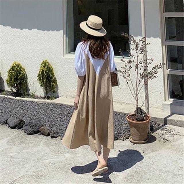 21春夏 レディース ワンピース 夏 半袖 フェイクツーピースワンピ パフスリーブ 袖コンシャス ミモレ丈 レイヤード風 フェミニン きれいめカジュ 即発送可能 Lovemesomegadgets Com