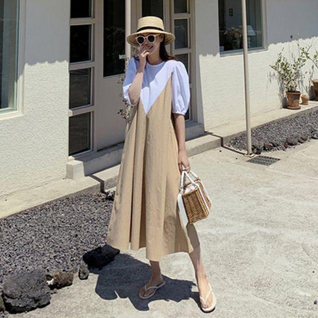 人気満点 レディース ワンピース 夏 半袖 フェイクツーピースワンピ パフスリーブ 袖コンシャス ミモレ丈 レイヤード風 フェミニン きれいめカジュ 直営店限定 Farmerscentre Com Ng