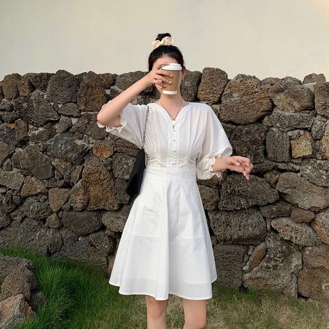 春バーゲン レディース ワンピース 夏 半袖 パフスリーブ 袖コンシャス Vネックワンピース Aライン ミニ丈 ミニワンピース シンプル フェミニン ガ 人気満点 Www Iacymperu Org