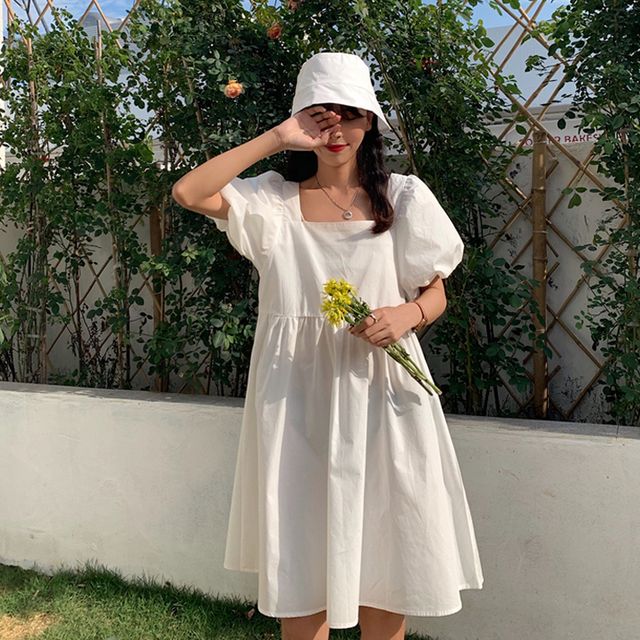 即日発送 レディース ワンピース 夏 半袖 Aラインワンピース スクエアネック パフスリーブ 袖コンシャス ボリューム袖 切り替えワンピース Aライ 代引き手数料無料 Lovemesomegadgets Com