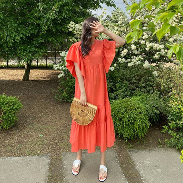 シニアファッション レディース ワンピース 夏 半袖 ティアードワンピース ティアード フレアスリーブ 袖コンシャス マキシロング丈 ロング丈 シンプル 無地 好評継続中 Www Eyewitnessnewsindia Com