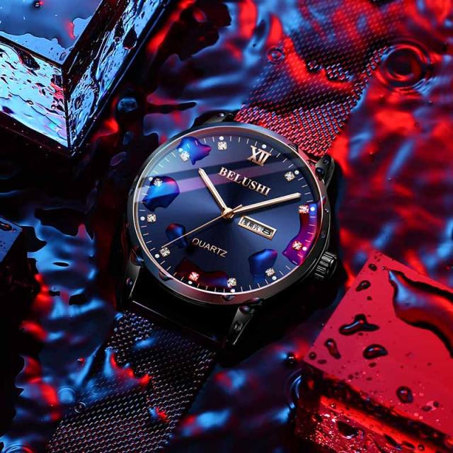 Belushi極薄メンズウォッチファッションコンプリートカレンダー防水クォーツ時計スチールメッシュ Blackgoldblack タイムセール