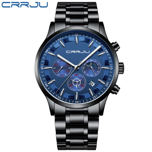 Crrjuトップブランドメンズ腕時計ビジネスクォーツ30 M防水時計メンズステンレススチールバ Steel 新作送料無料 Black Blue