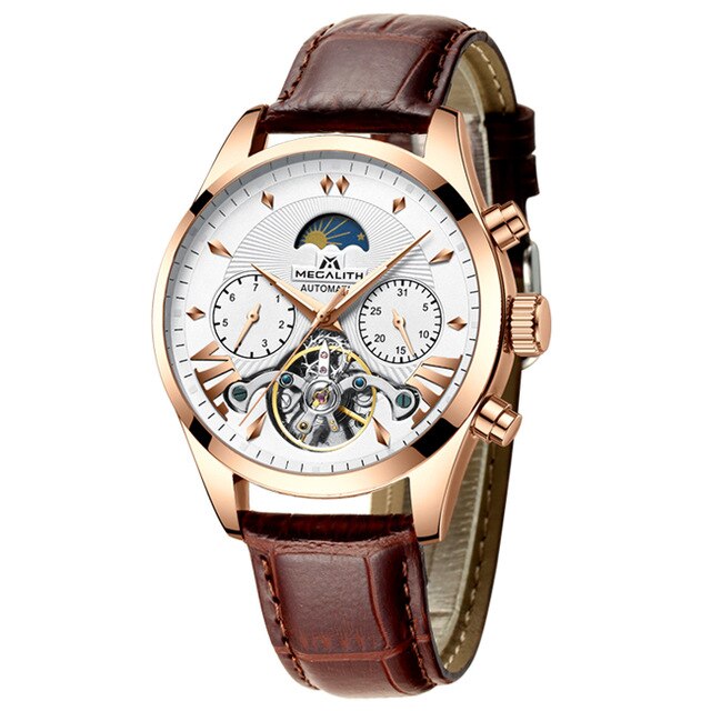 Megalith高級メンズ防水時計自動機械式ミリタリー時計日付メンズ腕時計トップブランド アウトレット品 Leather Brown White