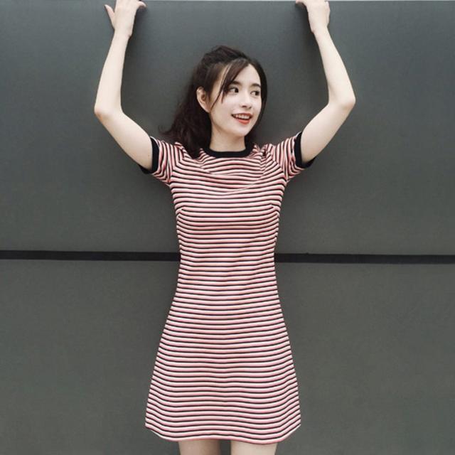 全ての ワンピース ニット 半袖 ミニ丈 ボーダー クルーネック Aライン レトロ ガーリー 夏 レッド 全日本送料無料 Asadtv Com