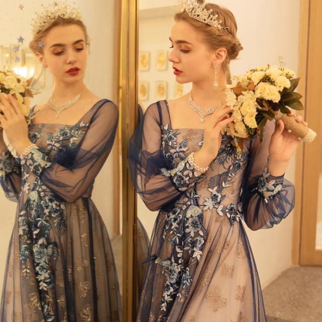 Angel 肌透けチュールラメレース長袖付き背中編上げaラインロングドレス 送料無料 高品質 ネイビー 紺色 ロングドレス パーティの通販はau Wowma ワウマ Glitter Dress 商品ロットナンバー