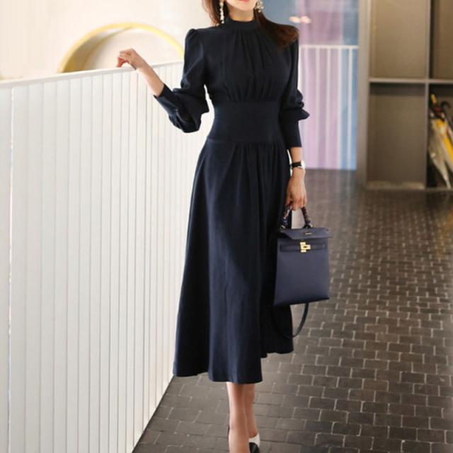 魅力的な ワンピース パフスリーブ スタンドカラー ウエストシェイプ 胸元ギャザー きれいめ 長袖 大流行中 Farmerscentre Com Ng