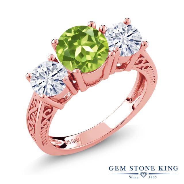 大割引 指輪 リング レディース 2 45カラット 天然石 ペリドット モアサナイト シルバー925 ピンクゴールドコーティング アラベスク 3連 大粒 派 指輪 リング