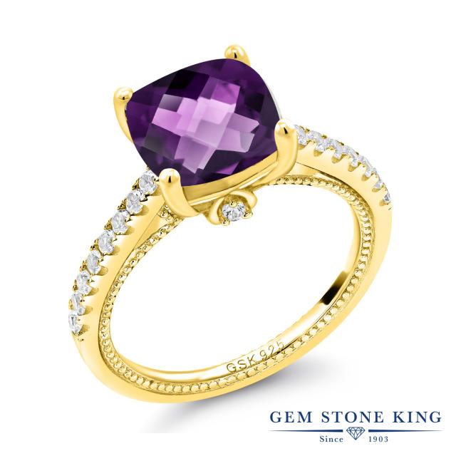 即納最大半額 指輪 リング レディース 3 27カラット 天然 アメジスト 合成ホワイトサファイア シルバー925 イエローゴールドコーティング スクエア 細 海外輸入 Cerqualandi It