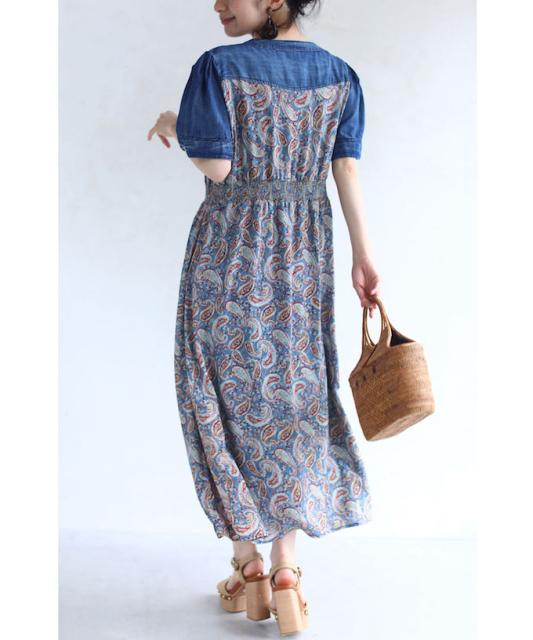 安いそれに目立つ S L 軽やかな ペイズリー柄 と デニム の ドッキング ロング ワンピース W ウエストゴム デニム ワンピース ロング丈 シャツワン メーカー希望小売価格から30 Off Btygravelmart Ca