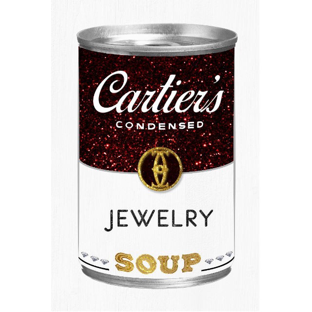 お手軽価格で贈りやすい Art Amour アモアアート Jewelry アートパ カルティエ Cartier のロゴが入った缶をモチーフにした海外アート作品 Soup ジュエリースープ アートパネル アートボード