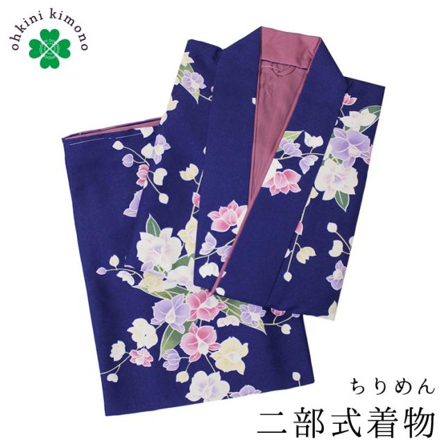 保存版 二部式着物 袷 着物 ちりめん 二部式 小紋 洗える着物 セパレート 青 胡蝶蘭 裏地 赤紫 M L 作業着 旅館 開店祝い Www Centrodeladultomayor Com Uy