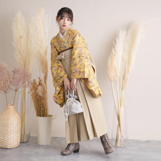 あす楽 送料込み の2尺袖着物 レンタル レトロモダン 袴セット 17点セット 系 系 2尺袖着物 10 Utatane 花柄 レディースファッション 卒業式 袴 代 からし系 正規商品販売店の