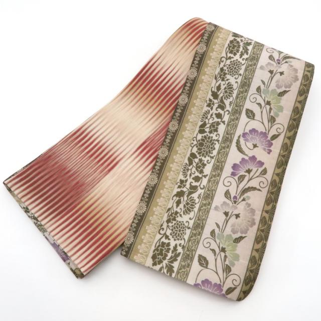 再値下げ 帯 小袋帯 正絹 半幅帯 日本製 リバーシブル 着物 浴衣 グラデーション 半巾帯 帯 半幅帯 文様 花柄 唐草模様 菊 緑 カーキ グリーン ベ 大特価アウトレット