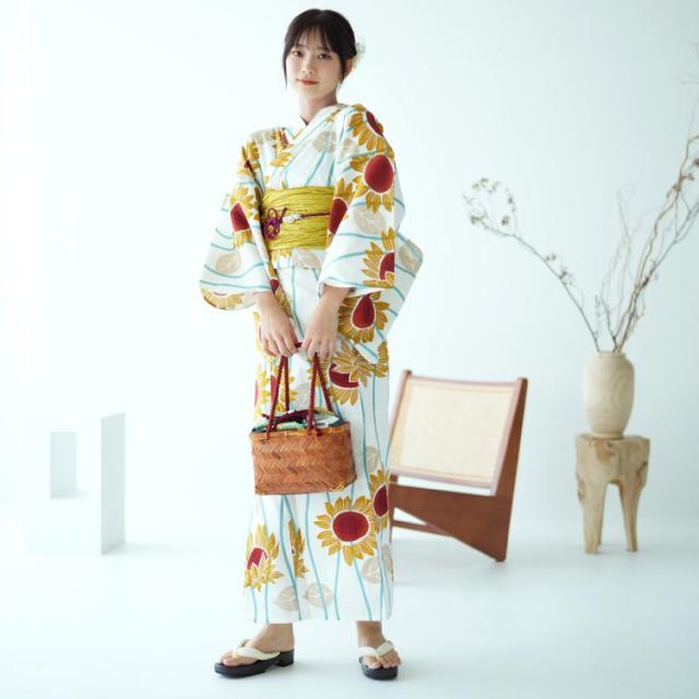 人気絶頂 浴衣 3点セット(浴衣/帯/下駄)白 クリーム 黄色 ミント