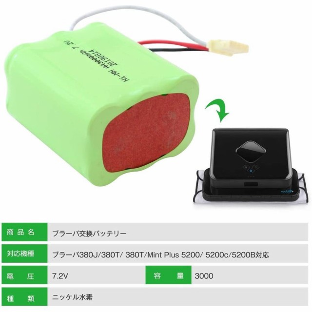 大容量 iRobot Braava ブラーバ 380J バッテリー 380T 371J Mint5200専用 7.2V 3600mAh (3