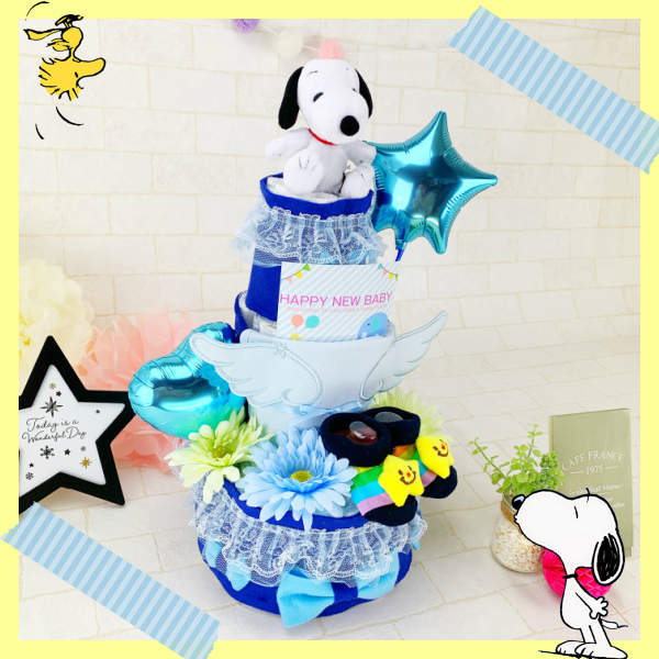 代引不可 おむつケーキ 出産祝い スヌーピー 3段 新作 男の子 靴下 スタイ付 オムツケーキ ギフト プレゼント セール おむつけーき 出産 送料無料 Olsonesq Com