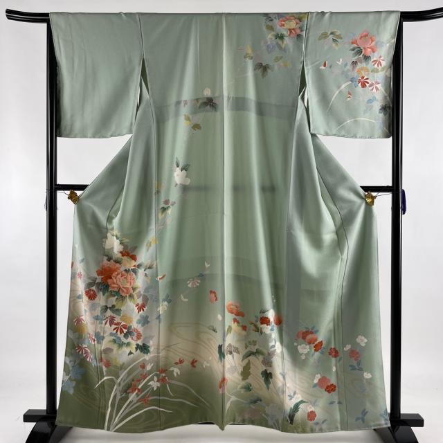 国内配送 訪問着 美品 名品 草花 流水 金彩 金糸 薄緑 袷 身丈162cm 裄丈66cm M 正絹 正規取扱店 Natyatmika Com