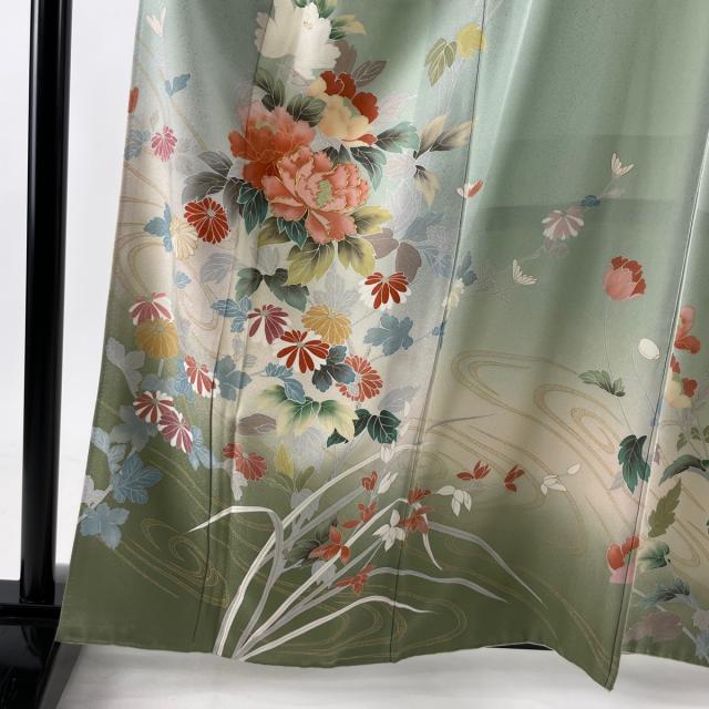 国内配送 訪問着 美品 名品 草花 流水 金彩 金糸 薄緑 袷 身丈162cm 裄丈66cm M 正絹 正規取扱店 Natyatmika Com