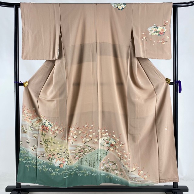 訪問着 美品 秀品 落款 扇面 松竹梅 染め分け ピンクベージュ 袷 156cm 62.5cm S 正絹 