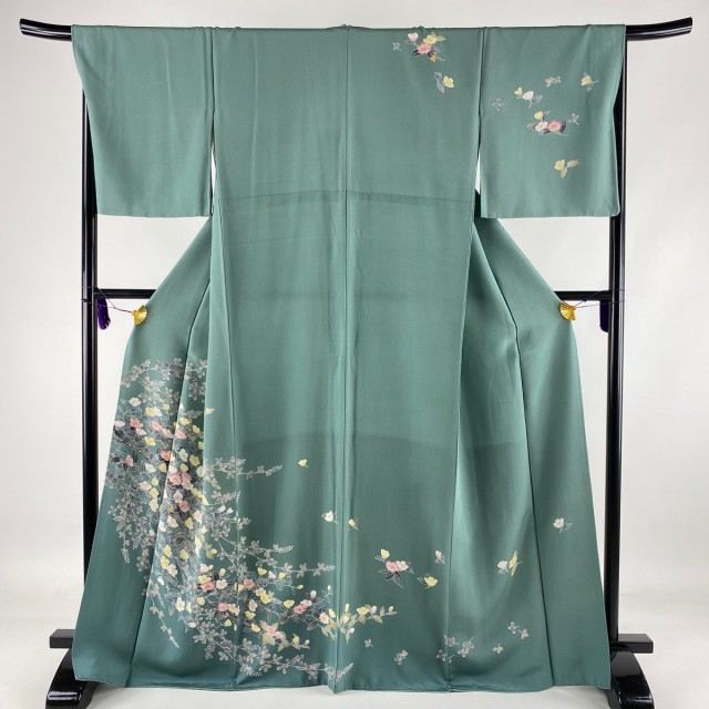 訪問着 名品 桜 萩 薄緑 袷 167cm 69cm L 正絹 