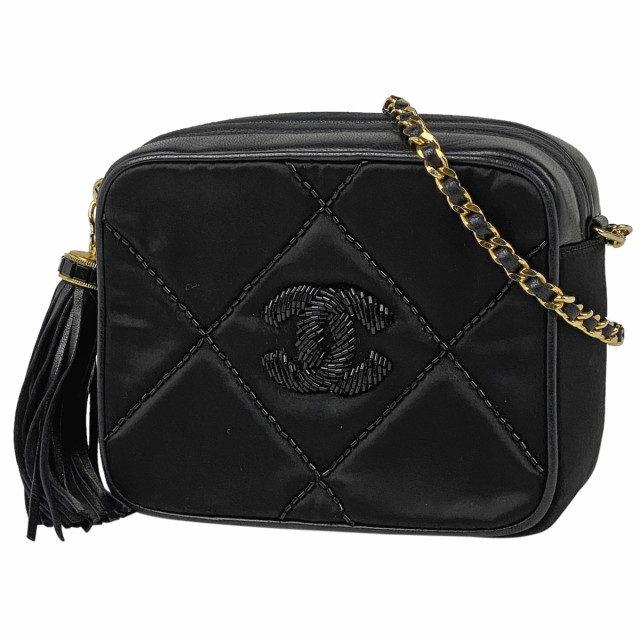 シャネル CHANEL ココマーク フリンジ チェーン CCマーク タッセル ショルダーバッグ ファブリック ブラック レディース 中古