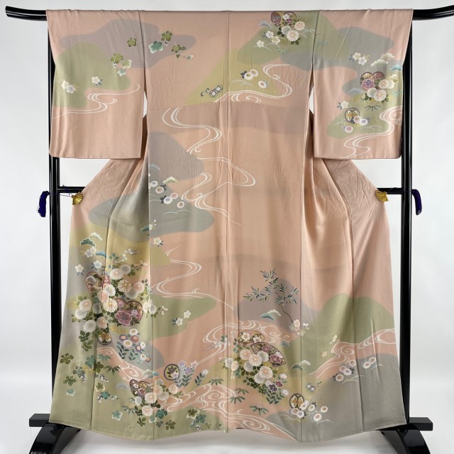 訪問着 秀品 草花 流水 金糸 金彩 ピンク 袷 160.5cm 66cm M 正絹 中古